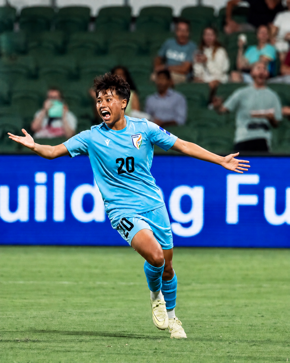 Sanfida Nongrum celebrating her debut goal for the Indian women's national football team