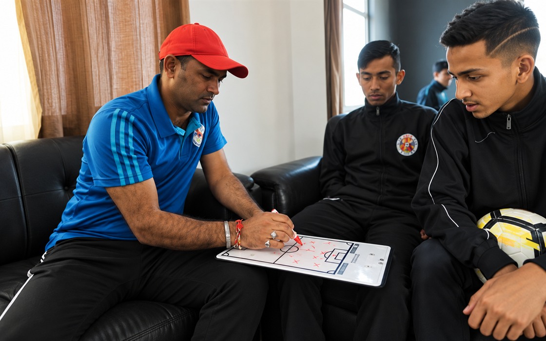 A BBFS coach explaining a personalised development plan using a tactical board