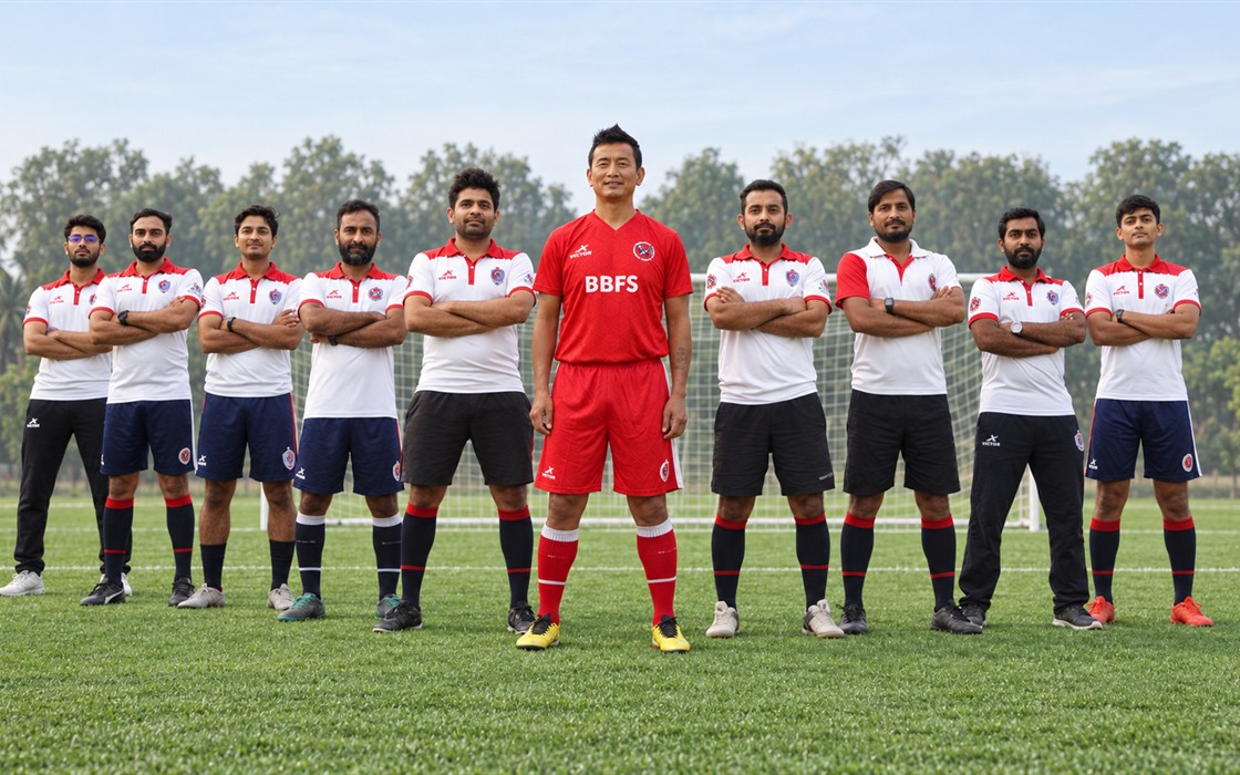 Bhaichung Bhutia with BBFS coaches on a premium training pitch